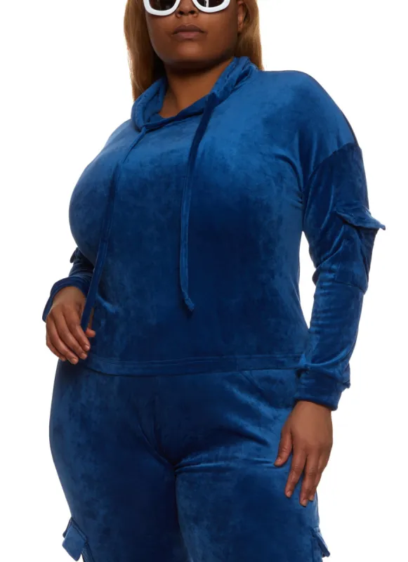 Plus Size Velour Cargo Pocket Sleeve Hoodie sold by Rainbow