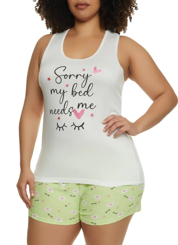 Plus Size My Bed Needs Me Pajama Tank Top and Shorts sold by Rainbow