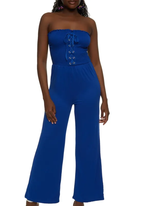 Smocked Lace Up Front Jumpsuit sold by Rainbow