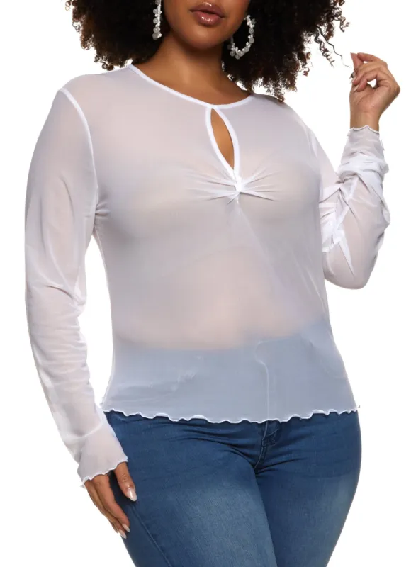 Plus Size Mesh Lettuce Edge Keyhole Top sold by Rainbow