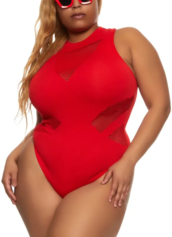 Plus Size Seamless Fishnet Detail Bodysuit sold by Rainbow