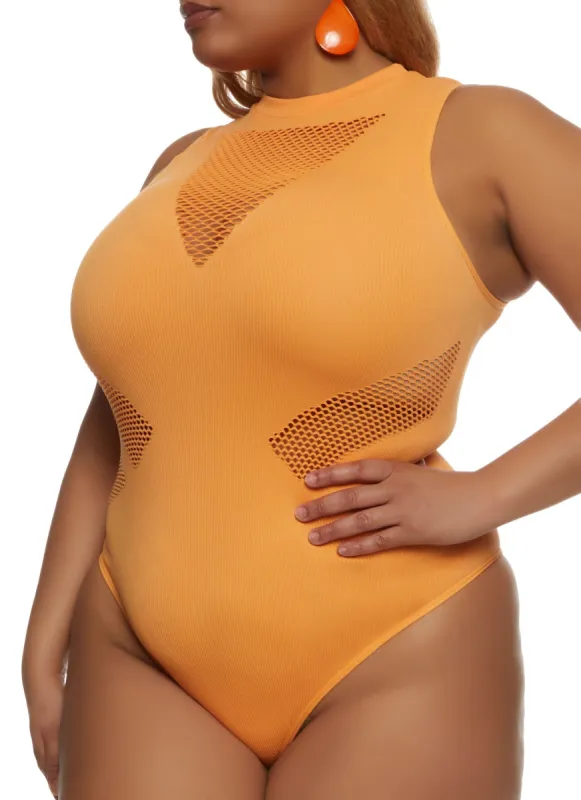 Plus Size Seamless Fishnet Detail Bodysuit sold by Rainbow
