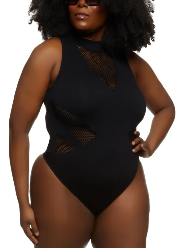 Plus Size Seamless Fishnet Detail Bodysuit sold by Rainbow