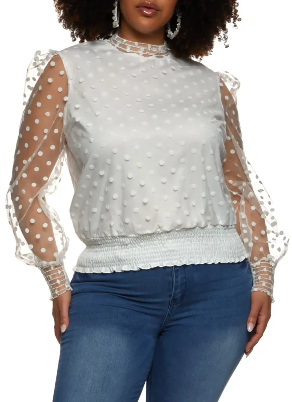 Plus Size Polka Dot Mesh Sleeve Blouse sold by Rainbow