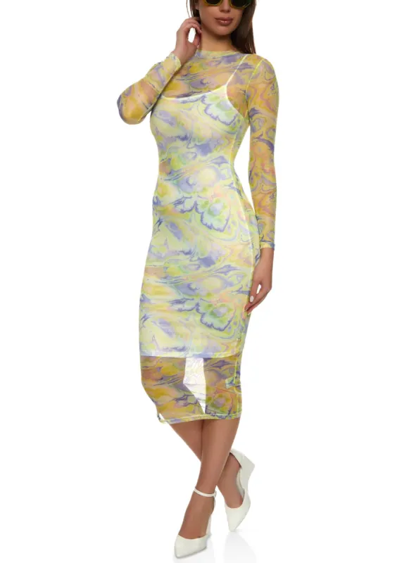 Marble Print Mesh Long Sleeve Midi Dress sold by Rainbow