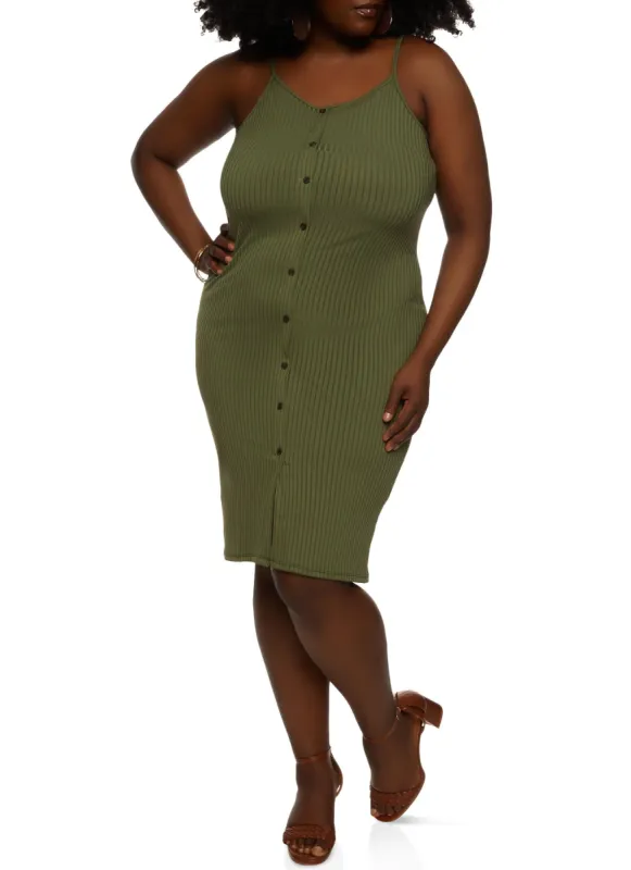 Plus Size Ribbed Knit Button Detail Cami Dress sold by Rainbow