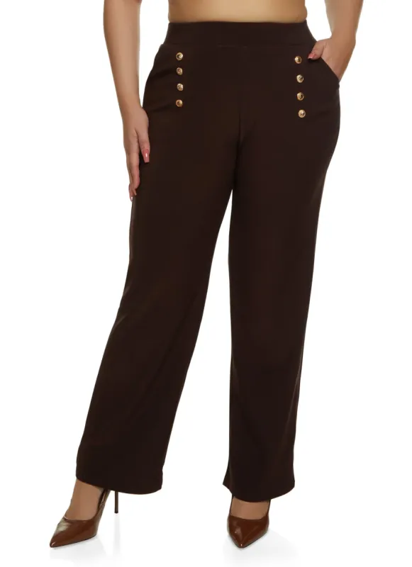 Plus Size Faux Button Detail Wide Leg Dress Pants sold by Rainbow