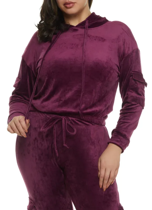 Plus Size Velour Cargo Pocket Sleeve Hoodie sold by Rainbow