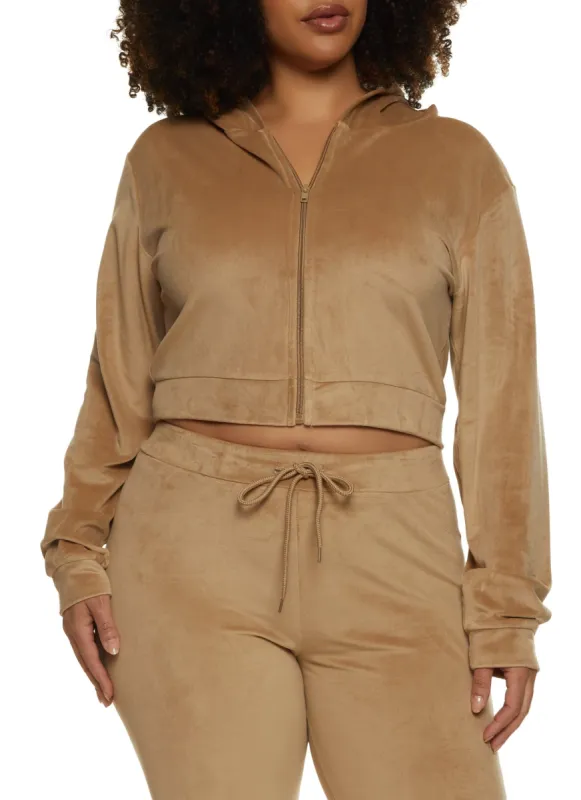Plus Size Cropped Velour Zip Front Hoodie sold by Rainbow