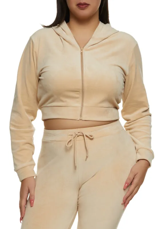 Plus Size Cropped Velour Zip Front Hoodie sold by Rainbow