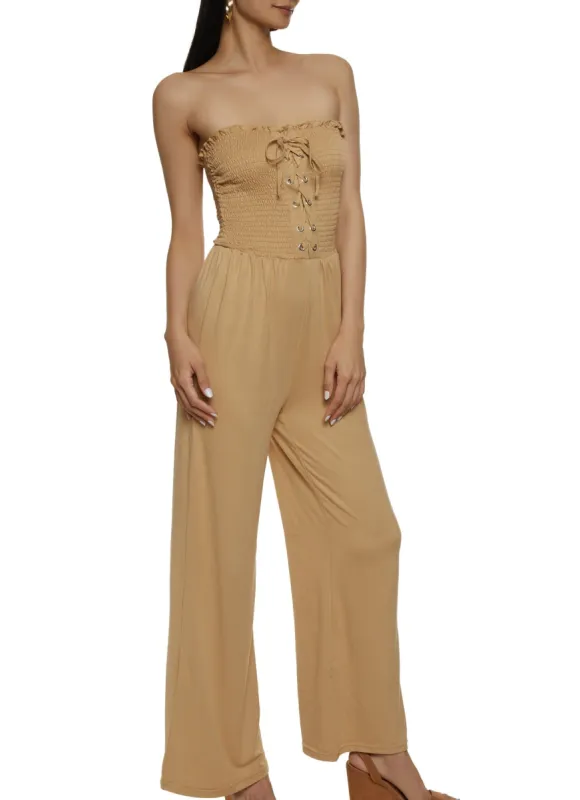 Smocked Lace Up Front Jumpsuit sold by Rainbow