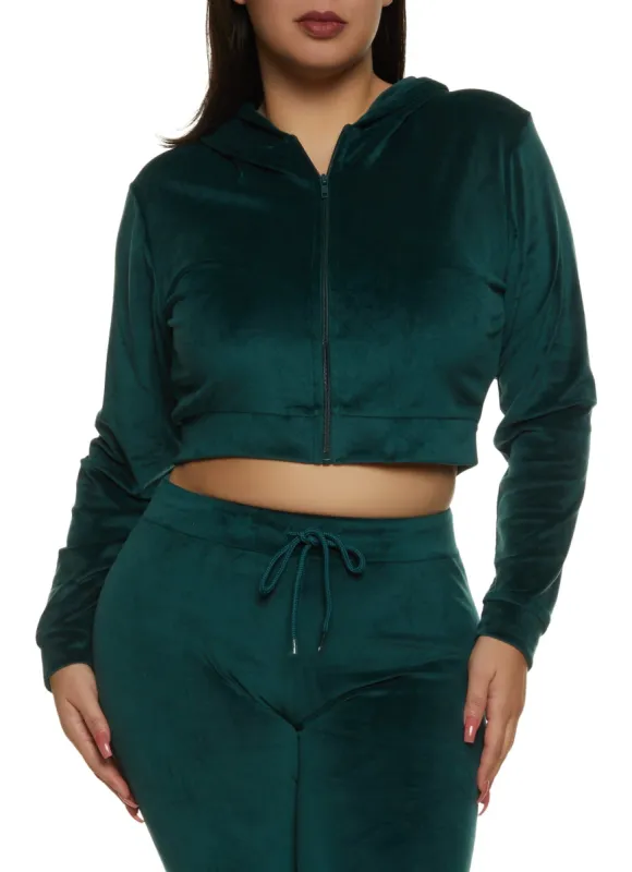 Plus Size Cropped Velour Zip Front Hoodie sold by Rainbow