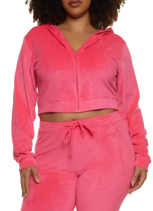 Plus Size Cropped Velour Zip Front Hoodie sold by Rainbow