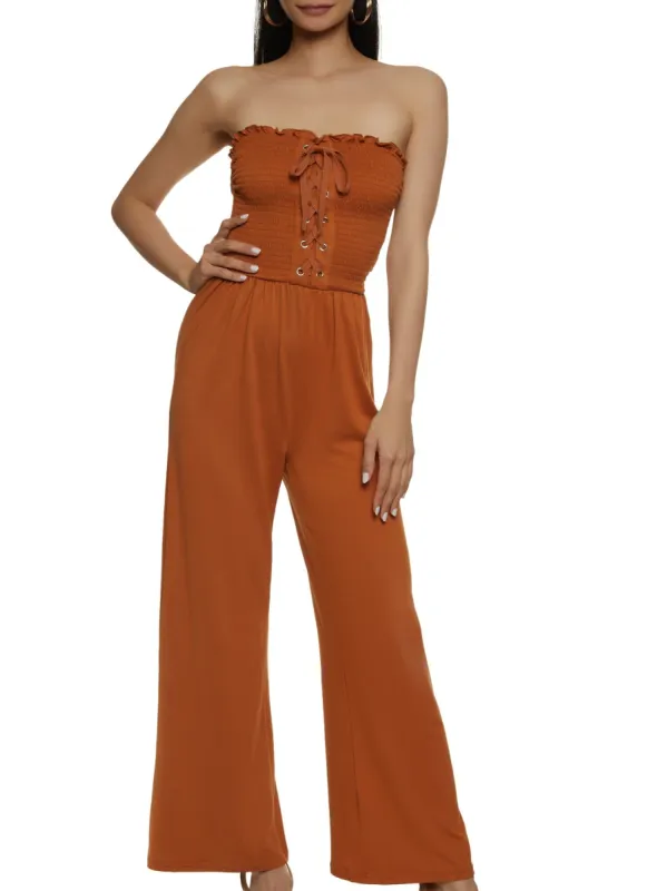 Smocked Lace Up Front Jumpsuit sold by Rainbow