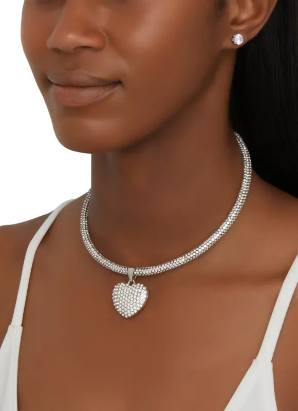 Rhinestone Heart Choker Necklace and Stud Earrings sold by Rainbow