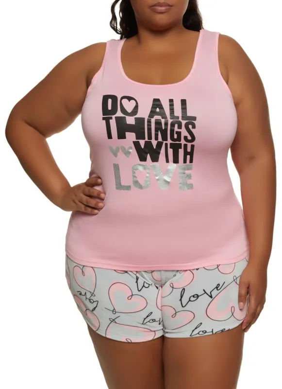 Plus Size Do All Things With Love Pajama Tank Top and Shorts sold by Rainbow