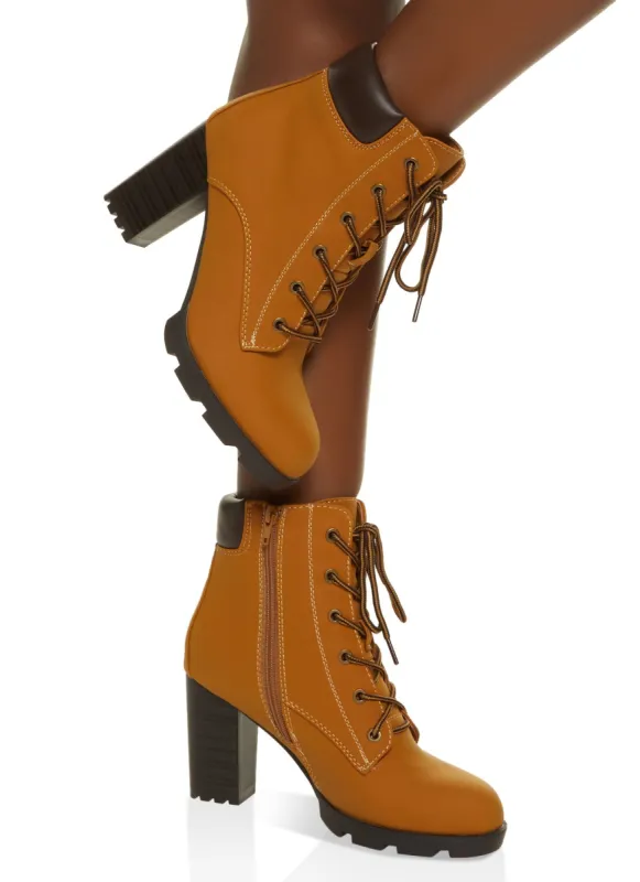 Faux Suede Lace Up Block Heel Booties sold by Rainbow