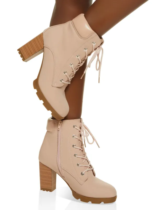 Faux Suede Lace Up Block Heel Booties sold by Rainbow