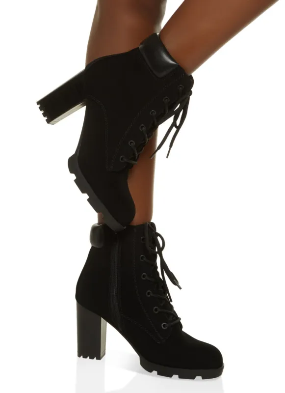 Faux Suede Lace Up Block Heel Booties sold by Rainbow