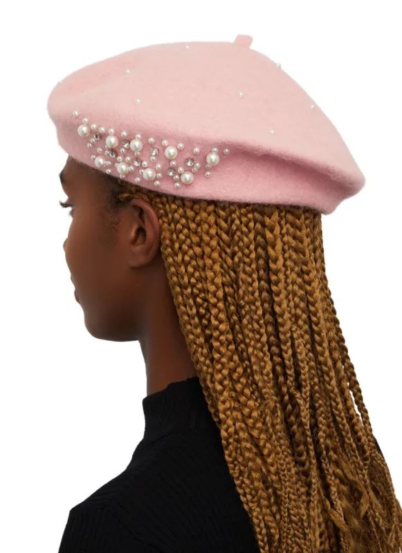 Faux Pearl Rhinestone Embellished Beret sold by Rainbow