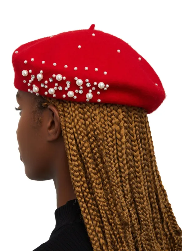 Faux Pearl Rhinestone Embellished Beret sold by Rainbow