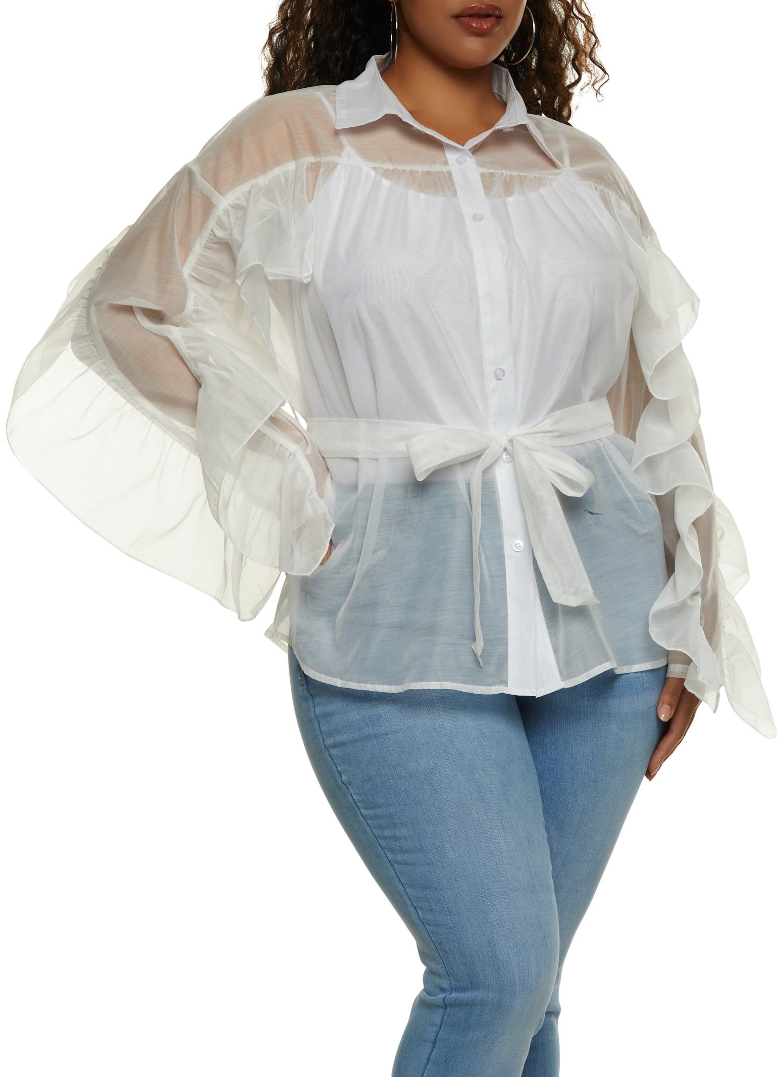 Plus Size Organza Tie Waist Button Front Shirt sold by Rainbow