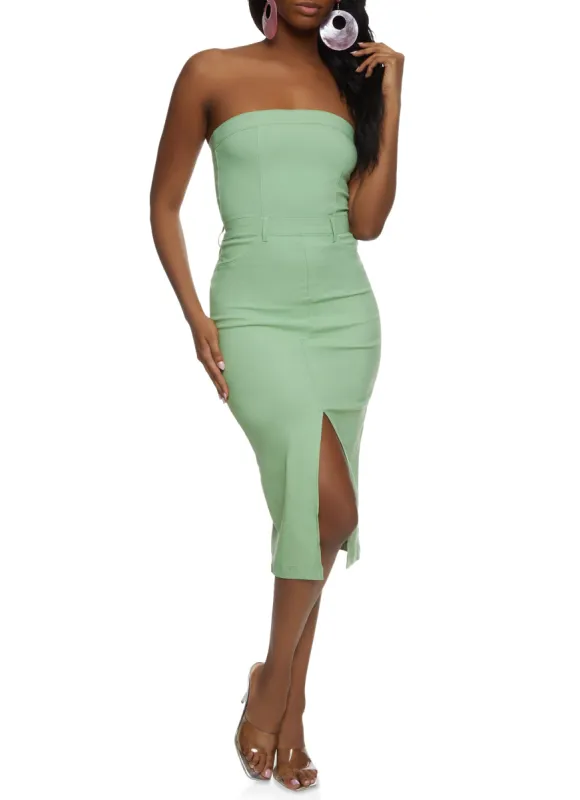 Strapless Front Slit Zip Back Midi Dress sold by Rainbow