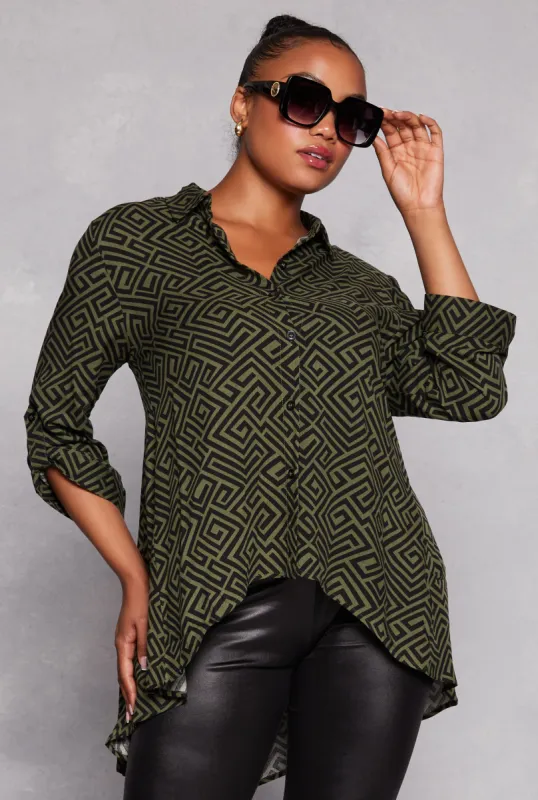 Plus Size Geometric Print High Low Shirt sold by Rainbow