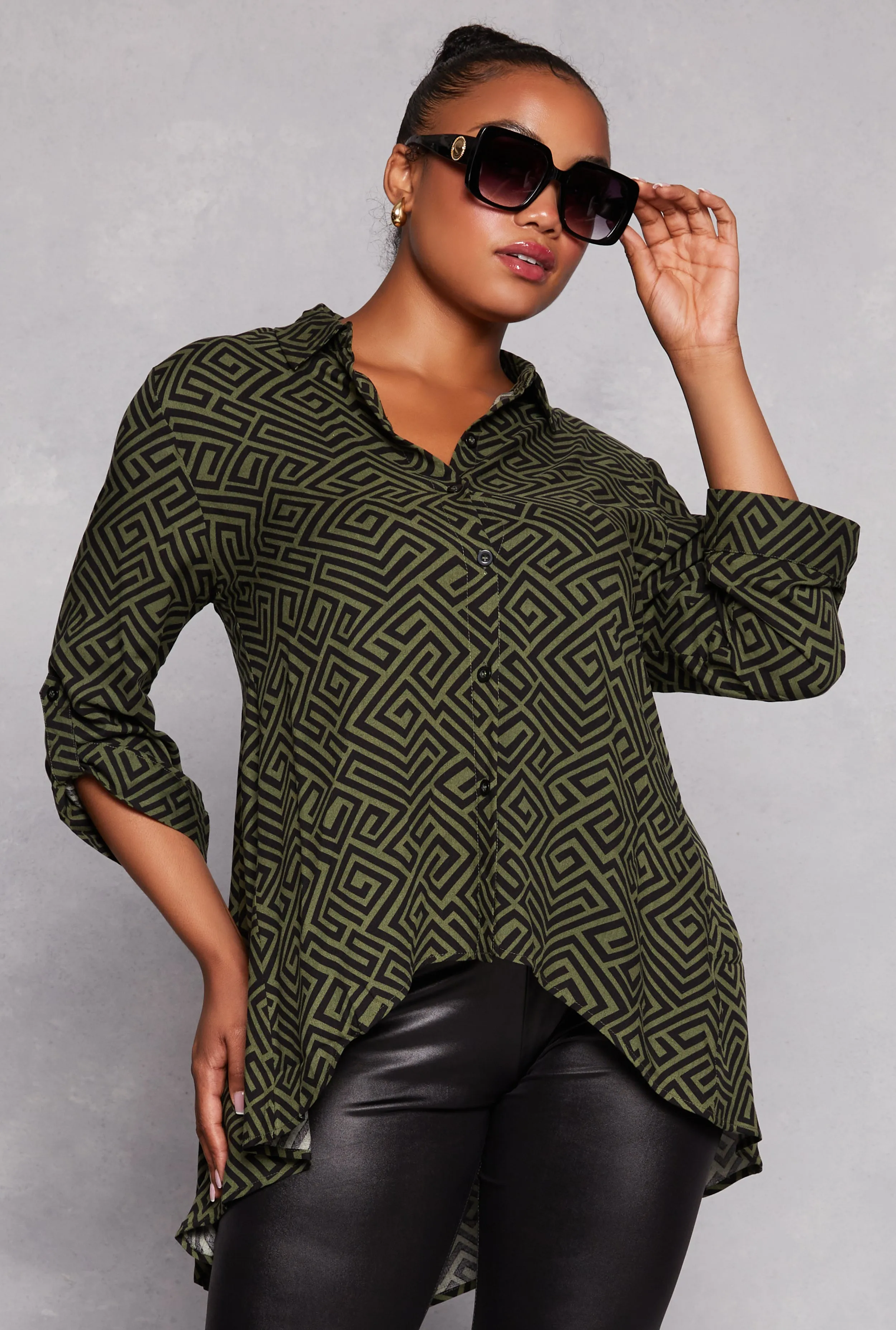 Plus Size Geometric Print High Low Shirt sold by Rainbow