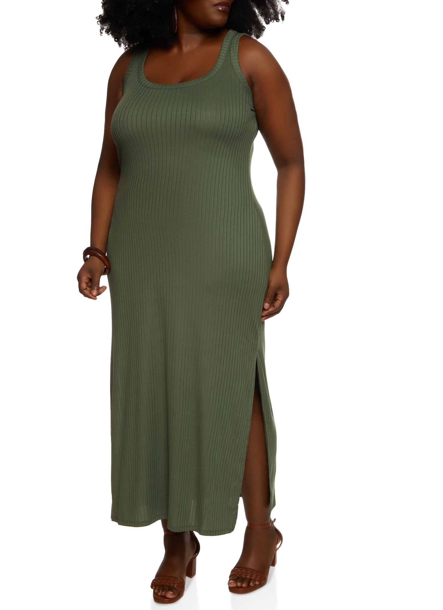 Plus Size Ribbed Knit Side Slit Maxi Tank Dress sold by Rainbow