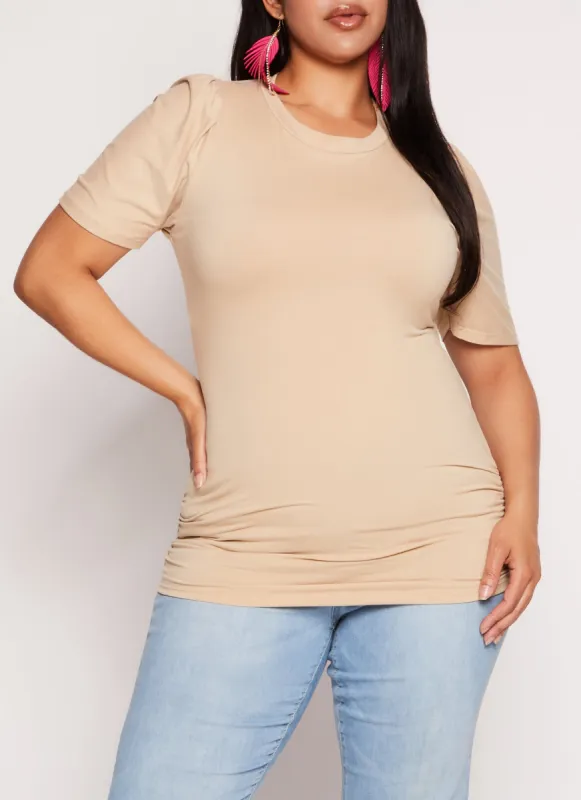 Plus Size Basic Crew Neck Ruched Side Tee sold by Rainbow