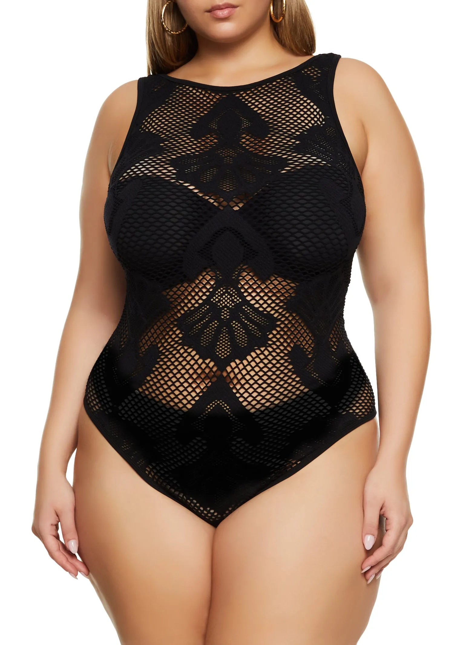 Plus Size Seamless Fishnet Patterned Bodysuit sold by Rainbow