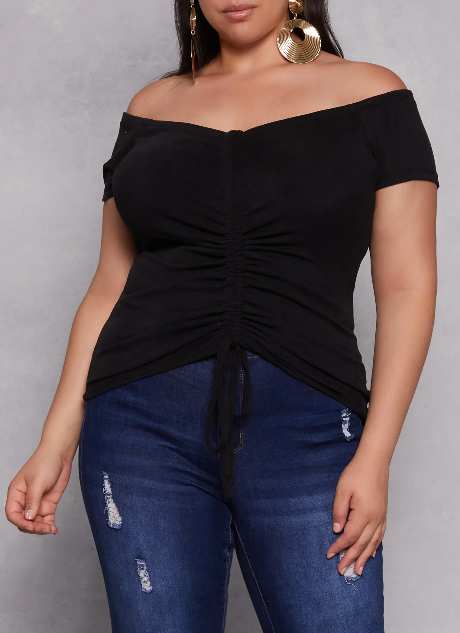 Plus Size Drawstring Ruched Off the Shoulder Top sold by Rainbow