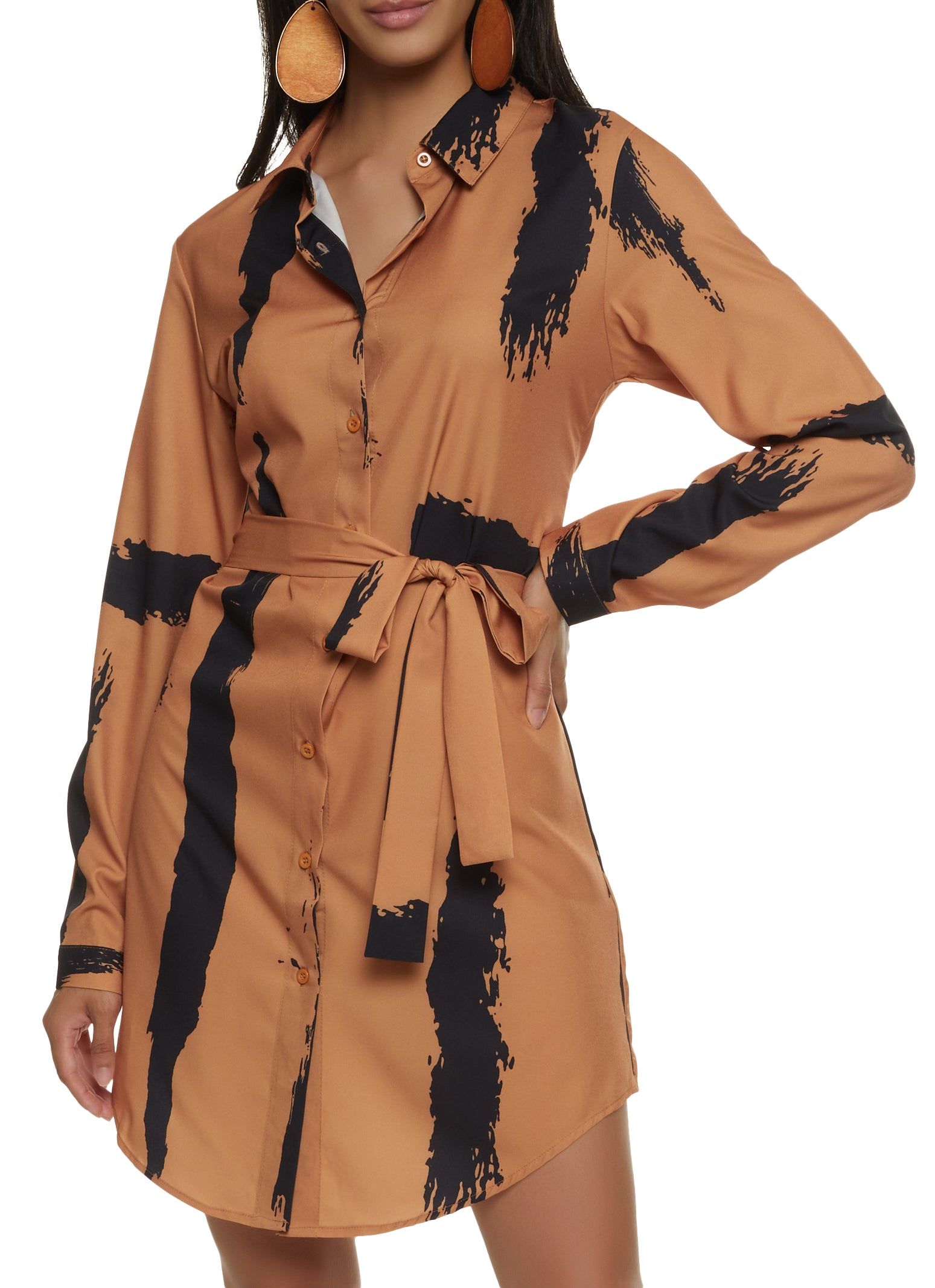 Printed Tie Waist Belted Shirt Dress sold by Rainbow