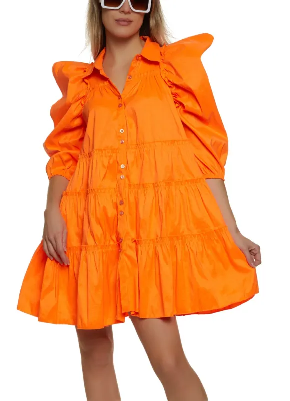 Puff Sleeve Tiered Mini Shirt Dress sold by Rainbow