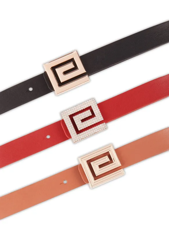 Geo Buckle Faux Leather Belt Trio sold by Rainbow