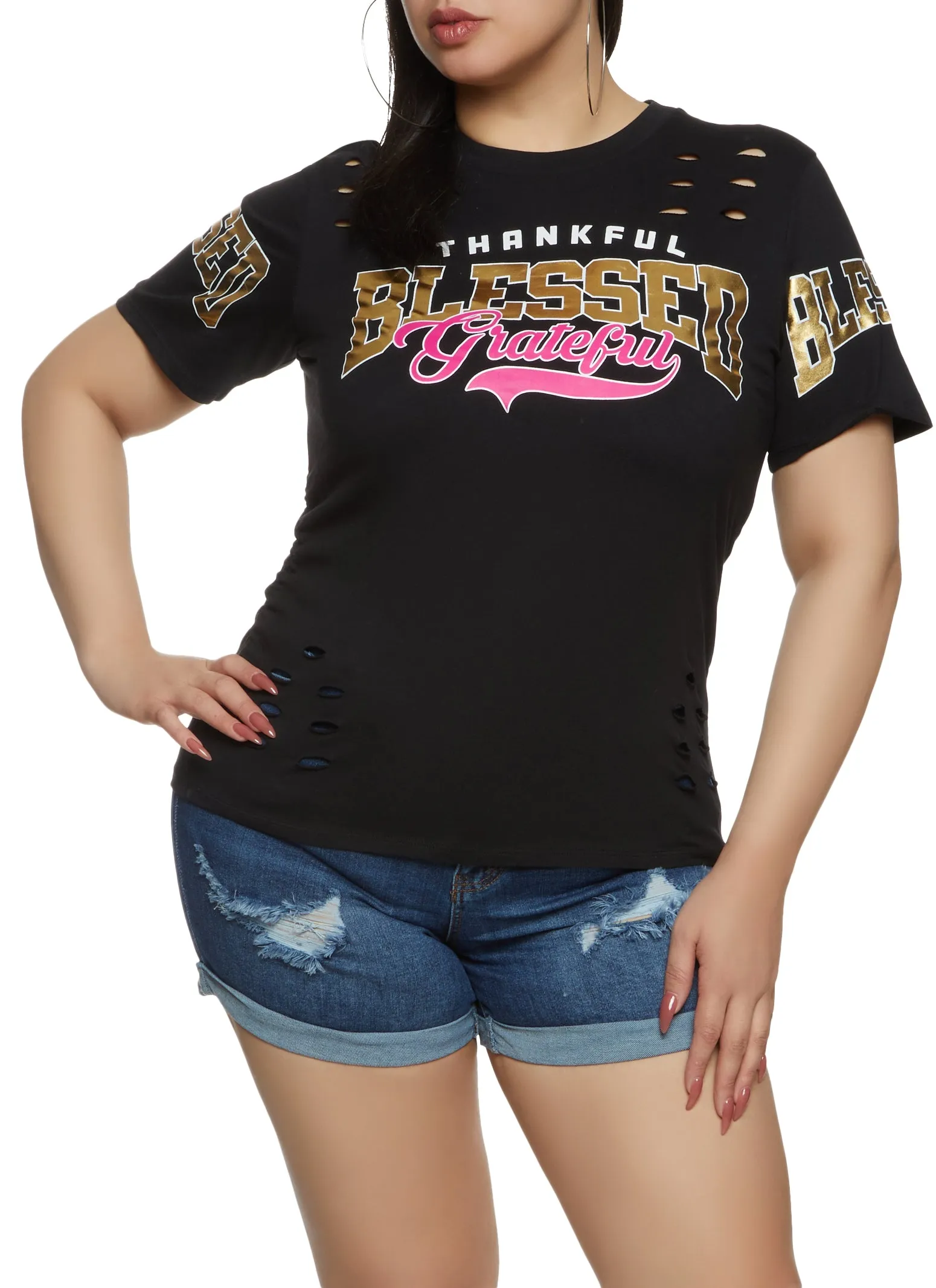 Plus Size Laser Cut Blessed Foil Graphic Tee sold by Rainbow