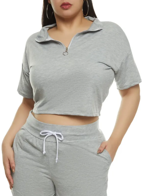 Plus Size Basic Zip Neck Crop Top sold by Rainbow