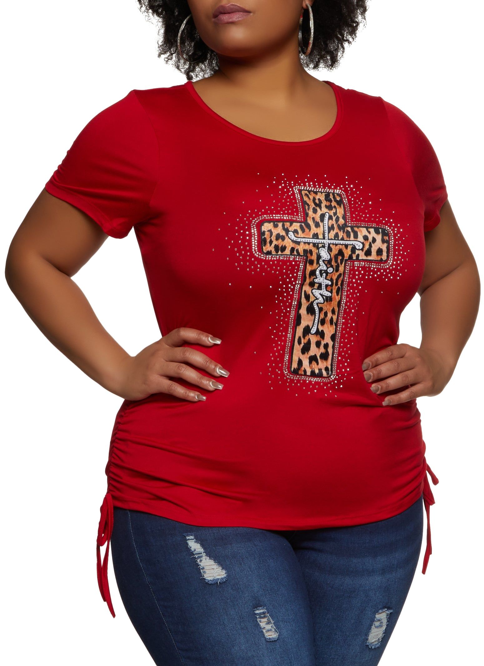 Plus Size Rhinestone Faith Ruched Graphic Tee sold by Rainbow