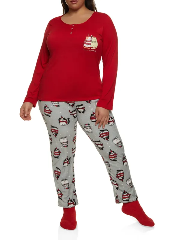 Plus Size Meowy Christmas Pajama Top and Pants Set sold by Rainbow