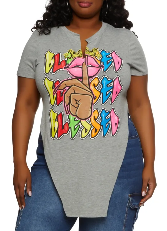 Plus Size Blessed Graffiti Hanky Hem Graphic Tee sold by Rainbow