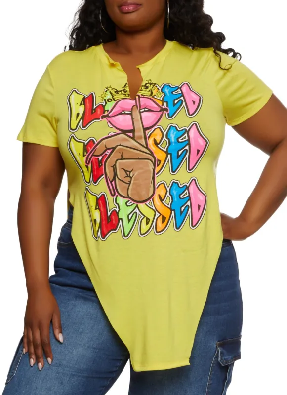 Plus Size Blessed Graffiti Hanky Hem Graphic Tee sold by Rainbow