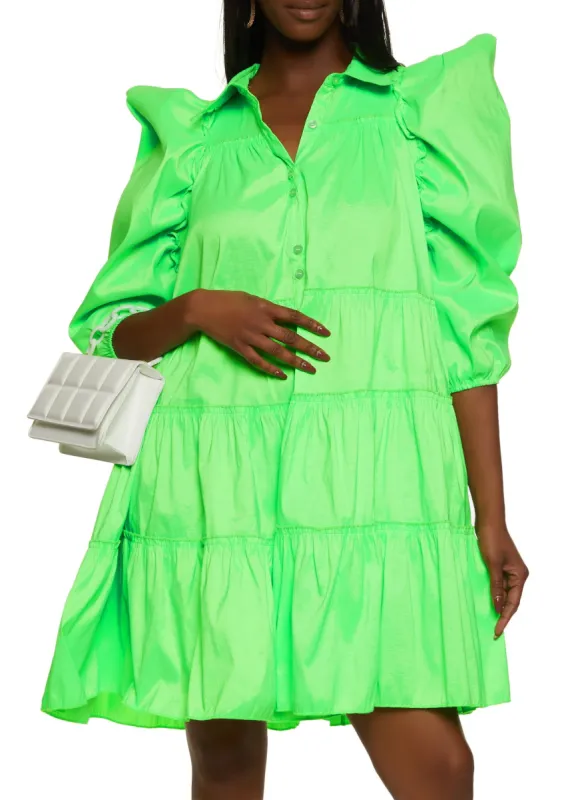 Puff Sleeve Tiered Mini Shirt Dress sold by Rainbow