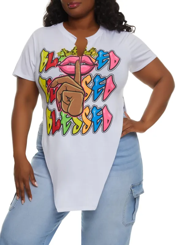 Plus Size Blessed Graffiti Hanky Hem Graphic Tee sold by Rainbow