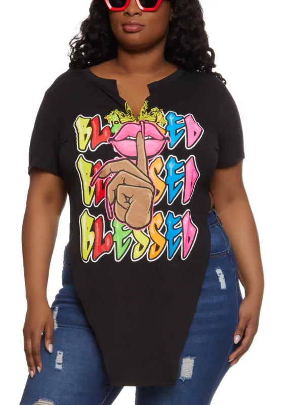 Plus Size Blessed Graffiti Hanky Hem Graphic Tee sold by Rainbow