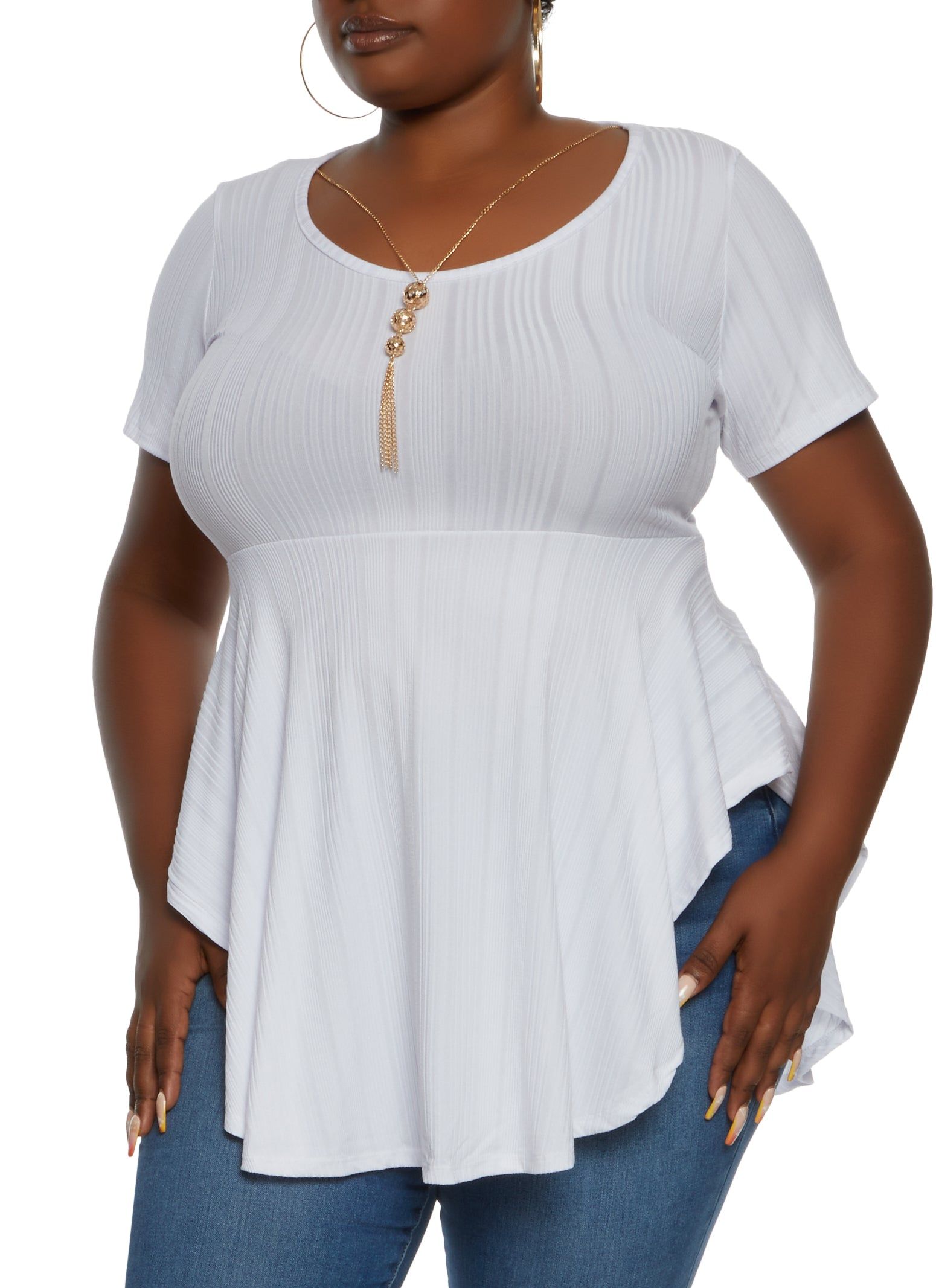 Plus Size Rib Knit Ruffled Hem Top with Necklace sold by Rainbow