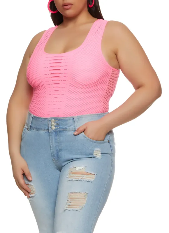 Plus Size Seamless Fishnet Detail Laser Cut Tank Top sold by Rainbow
