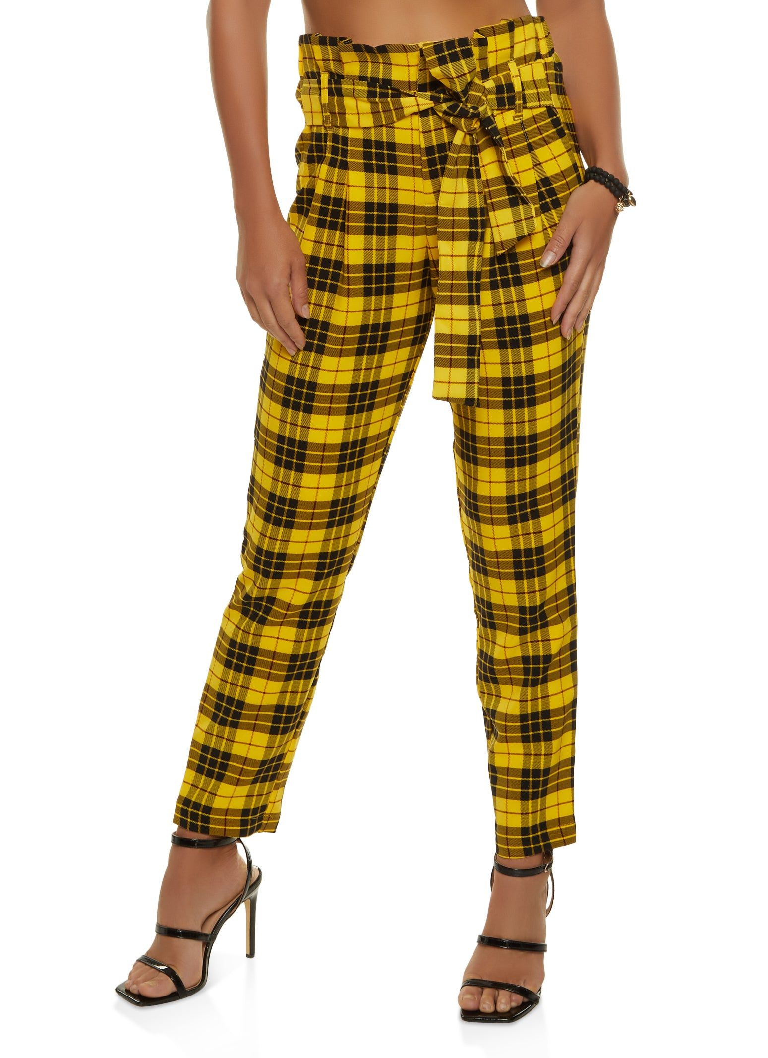 Paper Bag Tie Waist Plaid Print Pants sold by Rainbow