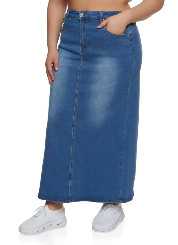 Plus Size WAX Back Slit Denim Maxi Skirt sold by Rainbow