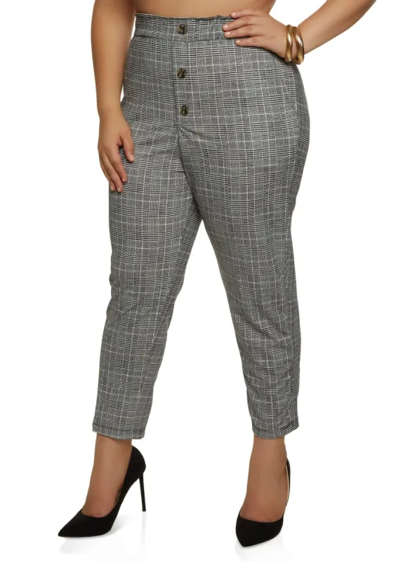 Plus Size Faux Button Plaid Dress Pants sold by Rainbow
